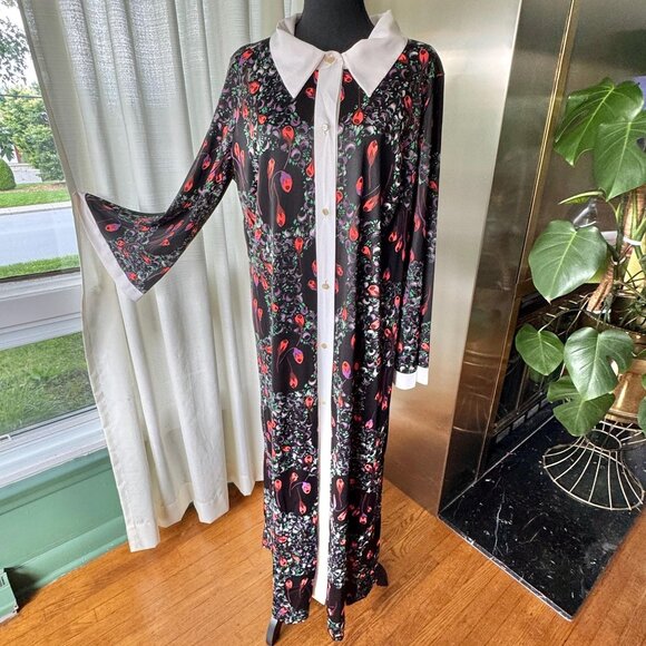 Vintage 70s maxi dress, black, white, purple, orange bold floral, wide lapels - Picture 1 of 10